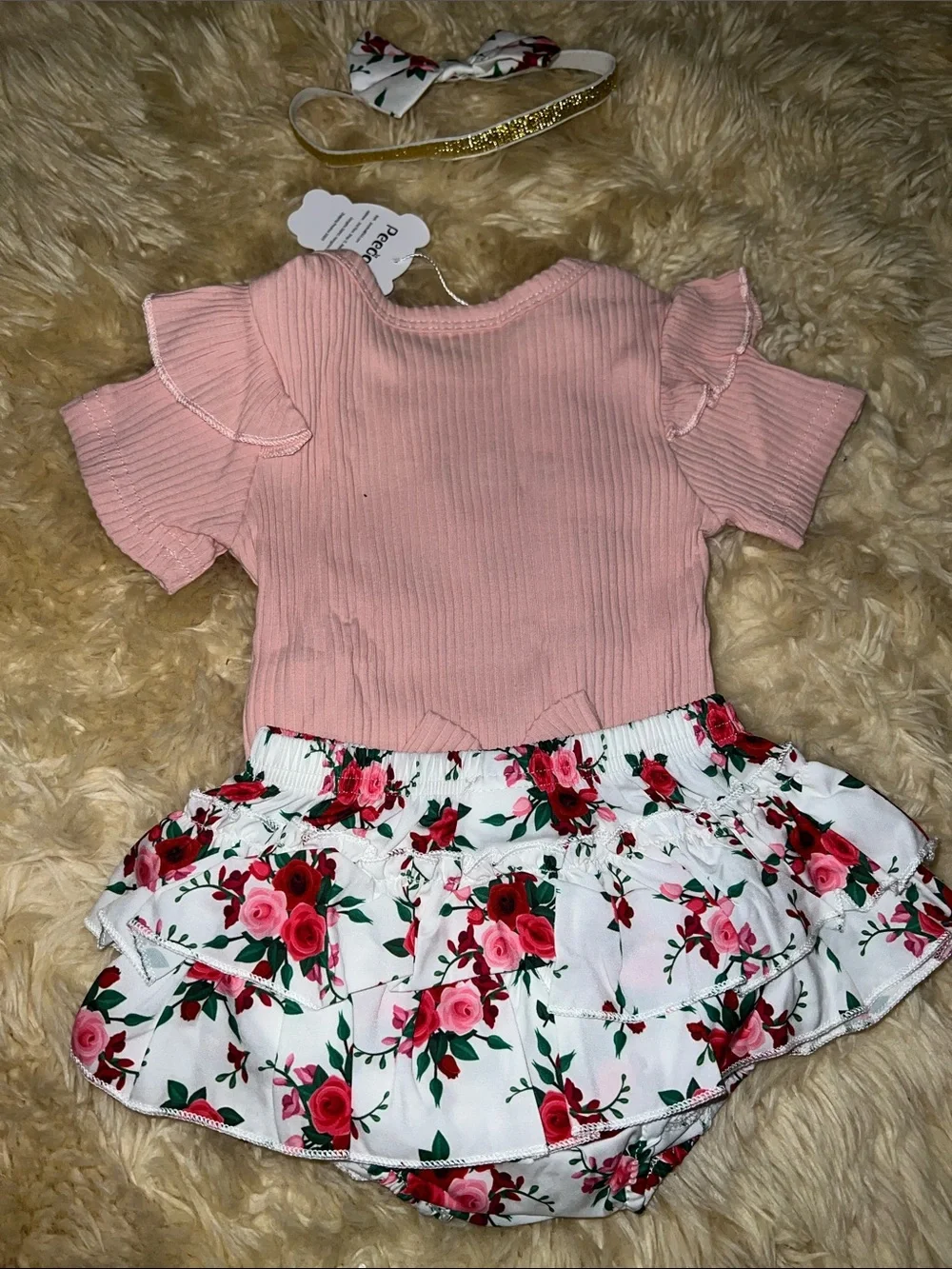 NWT Pink Baby Outfit Set with Floral Ruffle Skirt